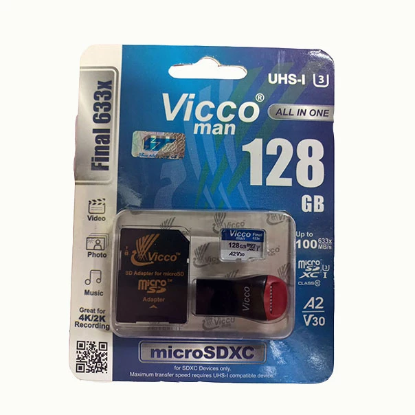 کارت حافظه micro SDXC ویکومن مدل 633X Plus کلاس 10 استاندارد UHS-I U3 سرعت ۱۰۰MBS ظرفیت 128 گیگابایت به همراه کارت خوان-چند رنگ  کارت حافظه micro SDXC ویکومن مدل 633X Plus کلاس 10 استاندارد UHS-I U3 سرعت ۱۰۰MBS ظرفیت 128 گیگابایت به همراه کارت خوان-چند رنگ