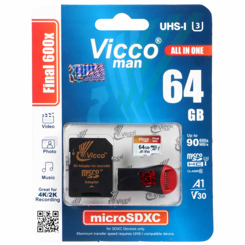 کارت حافظه microSDXC ویکومن مدل Final 600X کلاس 10 استاندارد UHS-I U3 سرعت 90MBps ظرفیت 64 گیگابایت همراه با کارت خوان کارت حافظه microSDXC ویکومن مدل Final 600X کلاس 10 استاندارد UHS-I U3 سرعت 90MBps ظرفیت 64 گیگابایت همراه با کارت خوان