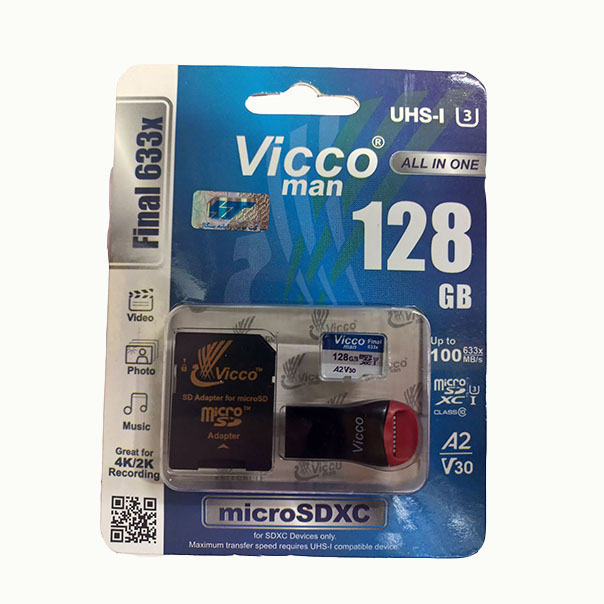 کارت حافظه micro SDXC ویکومن مدل 633X Plus کلاس 10 استاندارد UHS-I U3 سرعت ۱۰۰MBS ظرفیت 128 گیگابایت به همراه کارت خوان کارت حافظه micro SDXC ویکومن مدل 633X Plus کلاس 10 استاندارد UHS-I U3 سرعت ۱۰۰MBS ظرفیت 128 گیگابایت به همراه کارت خوان