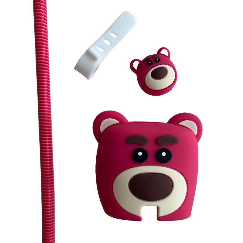 محافظ کابل طرح فانتزی مدل تدی صورتی به همراه محافظ شارژر دیواری مجموعه 4 عددی