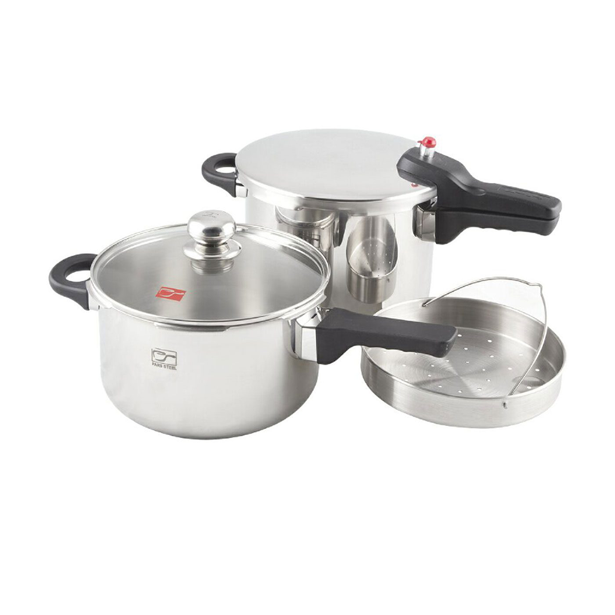 زودپز دوقلو 4/5 و 6 لیتری پارس استیل به همراه درب پیرکس و سبد بخارپز-استیل زودپز دوقلو 4/5 و 6 لیتری پارس استیل به همراه درب پیرکس و سبد بخارپز-استیل