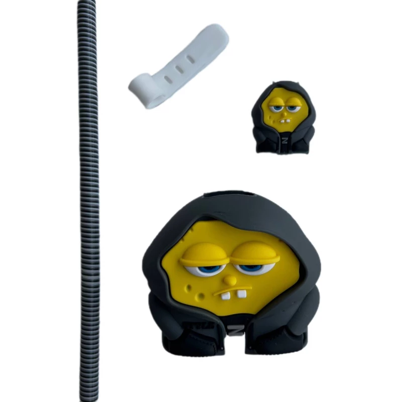 محافظ کابل شارژ طرح فانتزی مدل باب اسفنجی به همراه محافظ شارژر دیواری مجموعه 4 عددی-خاکستری