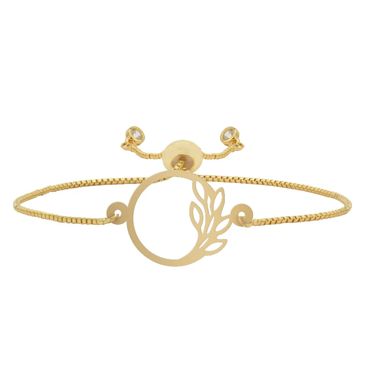دستبند طلا 18 عیار زنانه شمیم گلد گالری طرح مینیمال دایره و برگ کد D73-18-0.10 دستبند طلا 18 عیار زنانه شمیم گلد گالری طرح مینیمال دایره و برگ کد D73-18-0.10