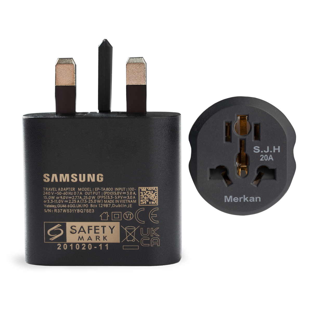 شارژر دیواری سامسونگ مدل EP-TA800 توان 25 وات به همراه تبدیل برق مرکان شارژر دیواری سامسونگ مدل EP-TA800 توان 25 وات به همراه تبدیل برق مرکان