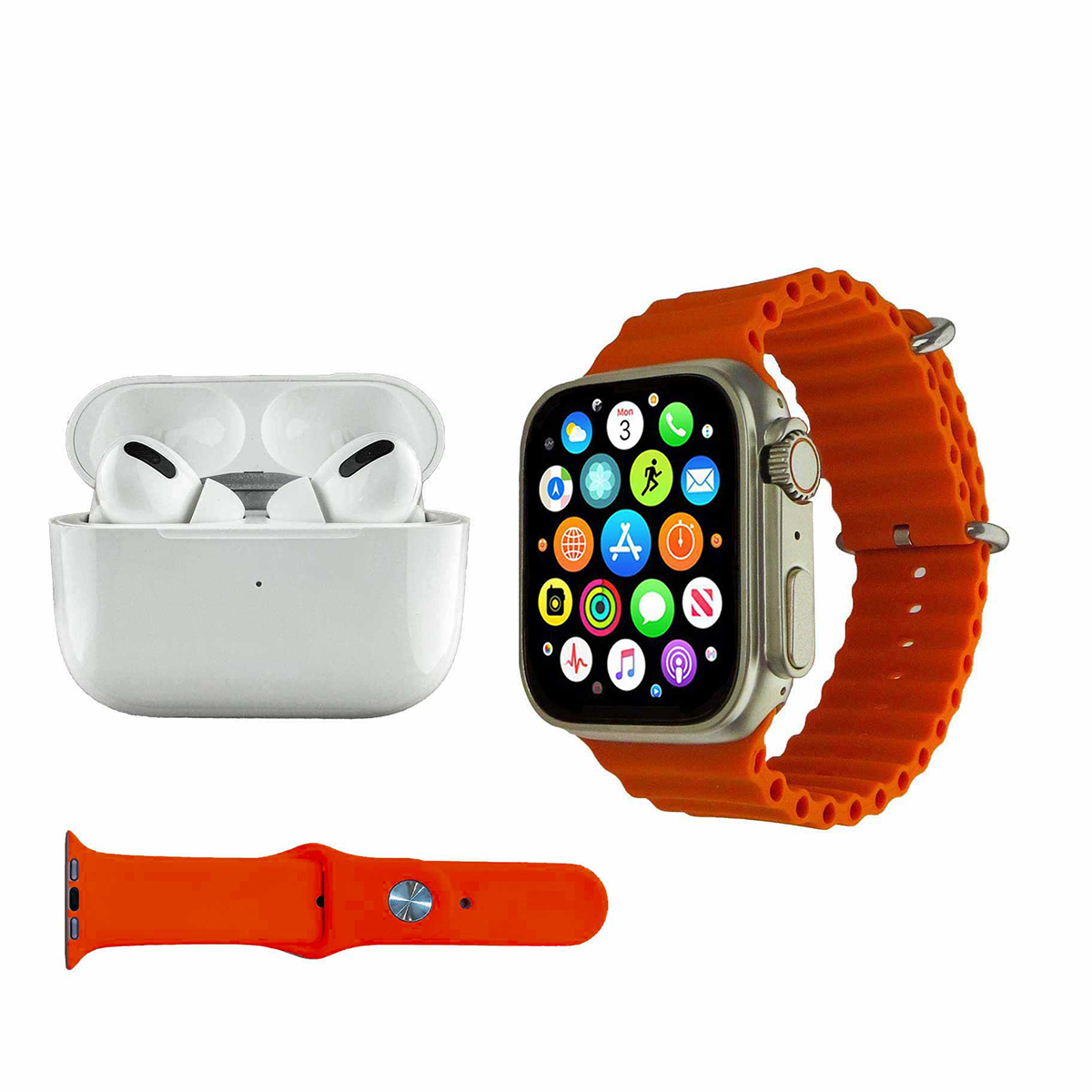 ساعت هوشمند ورنا مدل 01 Ultra Pack به همراه هندزفری بلوتوثی و بند-بدنه تیتانیوم بند نارنجی