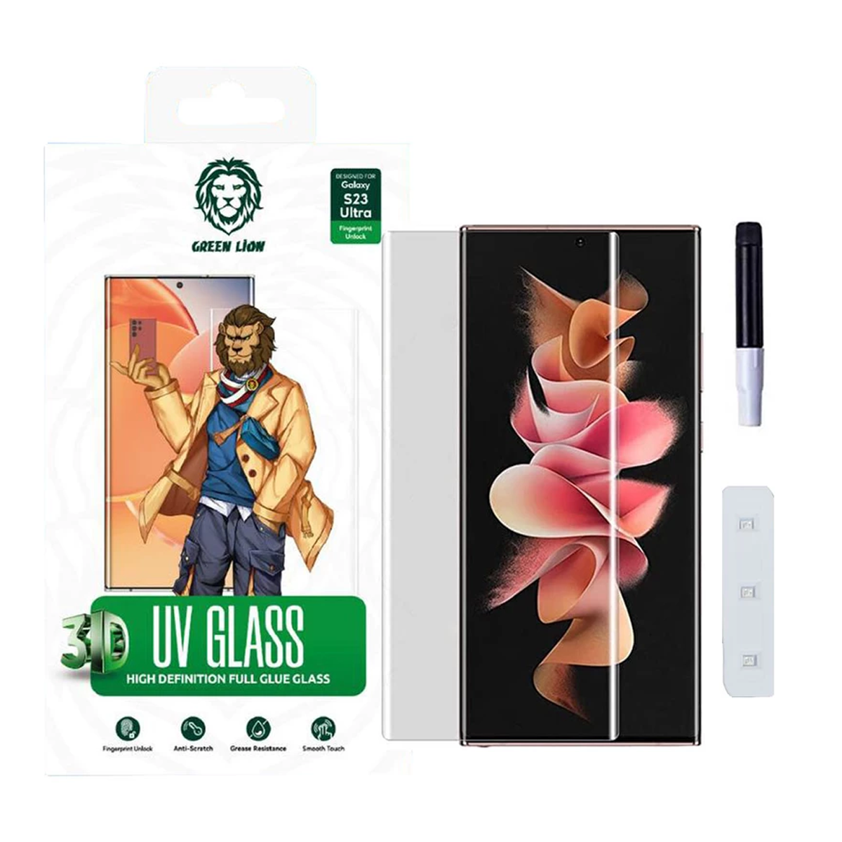 گلس گوشی سامسونگ Galaxy S23 Ultra گرین لاین مدل 3D UV-GLASS