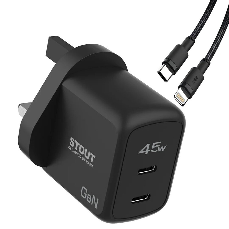 شارژر دیواری 45 وات پاوا مدل Stout Gan Travel Charge به همراه کابل USB-C به لایتنینگ  شارژر دیواری 45 وات پاوا مدل Stout Gan Travel Charge به همراه کابل USB-C به لایتنینگ