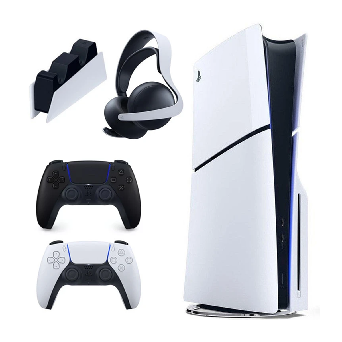 پلی استیشن 5 اسلیم دیسک خور اروپا سفید 1 ترابایت به همراه دسته اضافی مشکی و پایه شارژر و هدست Pulse Elite پلی استیشن 5 اسلیم دیسک خور اروپا سفید 1 ترابایت به همراه دسته اضافی مشکی و پایه شارژر و هدست Pulse Elite