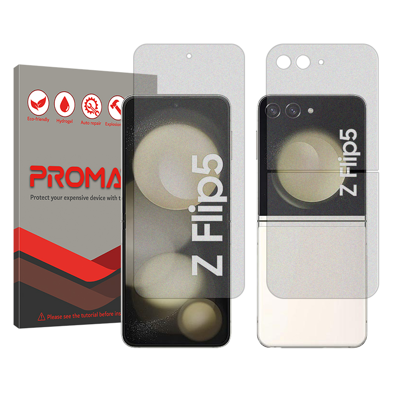 محافظ صفحه نمایش مات پرومیت مدل Resistant مناسب برای گوشی موبایل سامسونگ Galaxy Z Flip5 به همراه محافظ پشت گوشی محافظ صفحه نمایش مات پرومیت مدل Resistant مناسب برای گوشی موبایل سامسونگ Galaxy Z Flip5 به همراه محافظ پشت گوشی