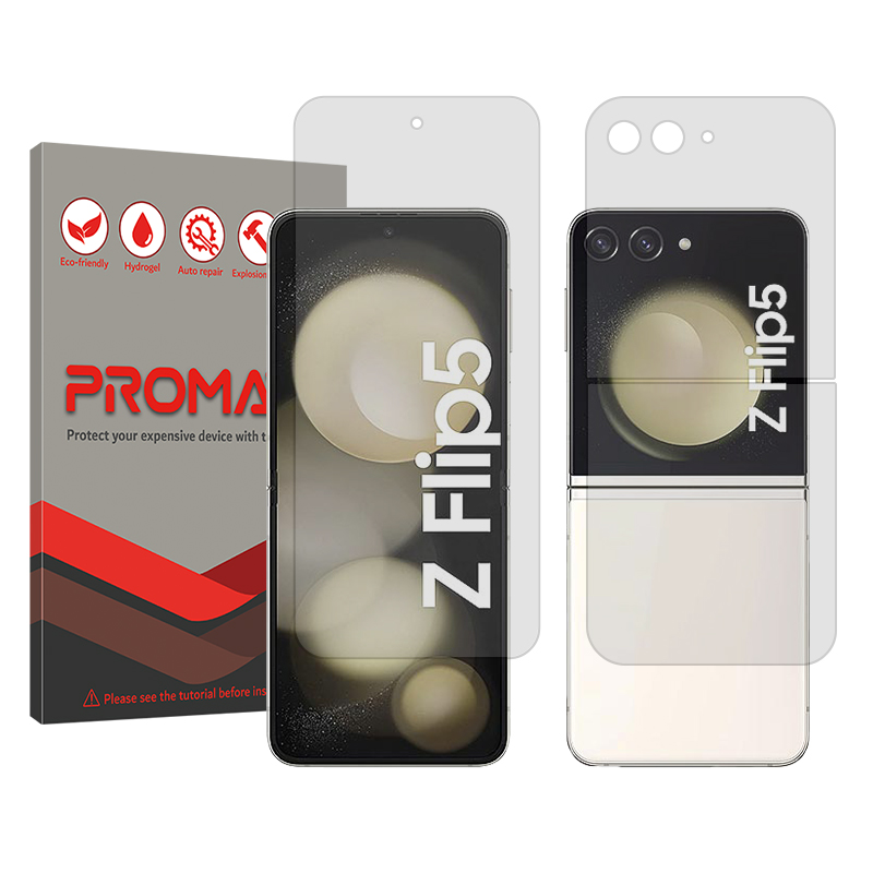 محافظ صفحه نمایش شفاف پرومیت مدل Resistant مناسب برای گوشی موبایل سامسونگ Galaxy Z Flip5 به همراه محافظ پشت گوشی محافظ صفحه نمایش شفاف پرومیت مدل Resistant مناسب برای گوشی موبایل سامسونگ Galaxy Z Flip5 به همراه محافظ پشت گوشی