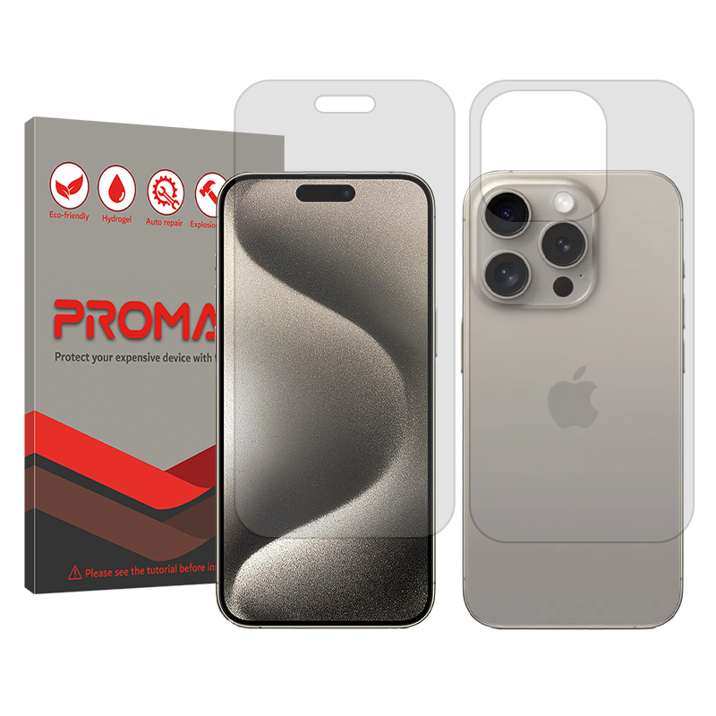 محافظ صفحه نمایش شفاف پرومیت مدل Resistant مناسب برای گوشی موبایل اپل iPhone 15 Pro Max به همراه محافظ پشت گوشی محافظ صفحه نمایش شفاف پرومیت مدل Resistant مناسب برای گوشی موبایل اپل iPhone 15 Pro Max به همراه محافظ پشت گوشی
