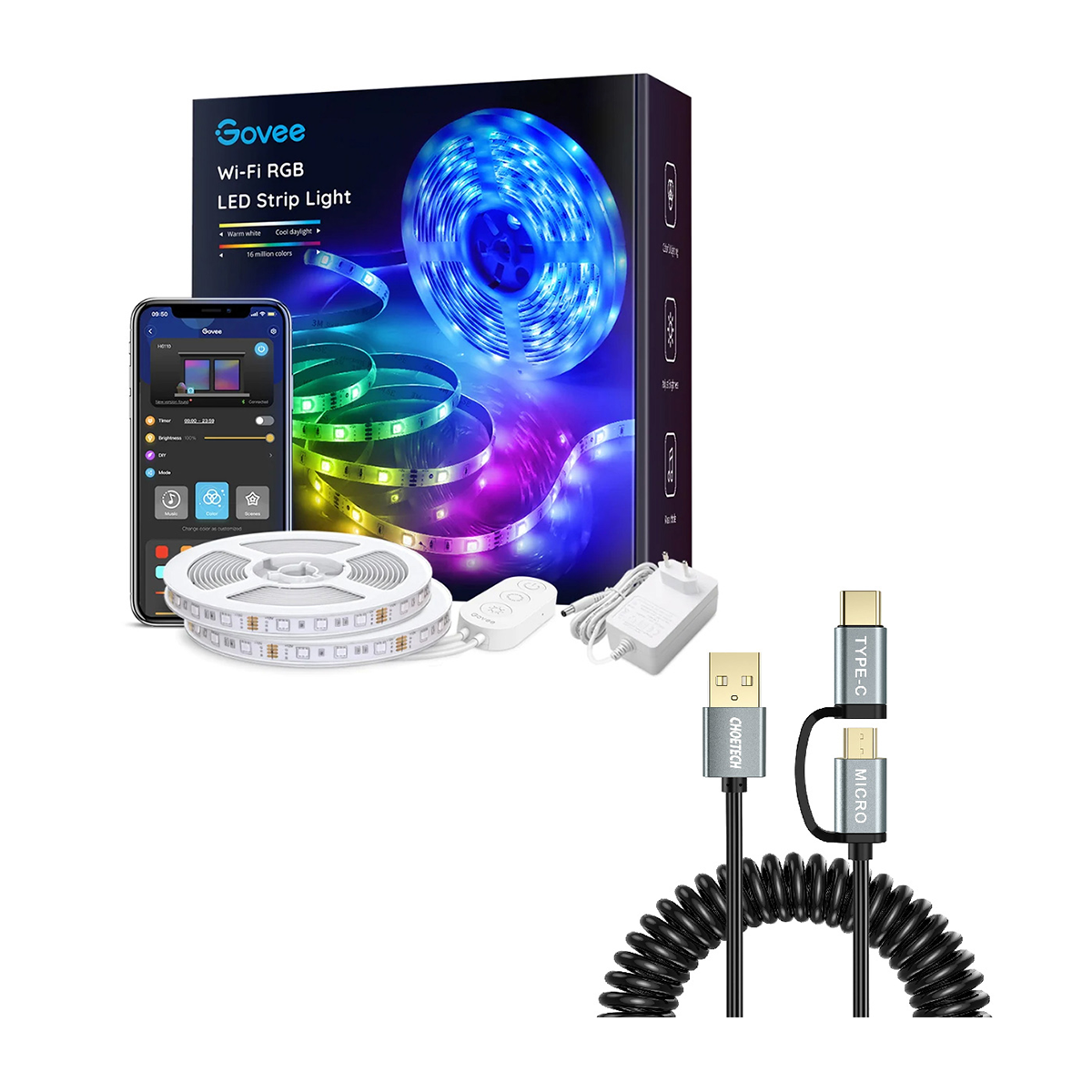 ریسه هوشمند گووی مدل RGB Smart Wi-Fi Bluetooth LED Strip Lights H6110 طول 10 متر همراه با کابل چویتک ریسه هوشمند گووی مدل RGB Smart Wi-Fi Bluetooth LED Strip Lights H6110 طول 10 متر همراه با کابل چویتک