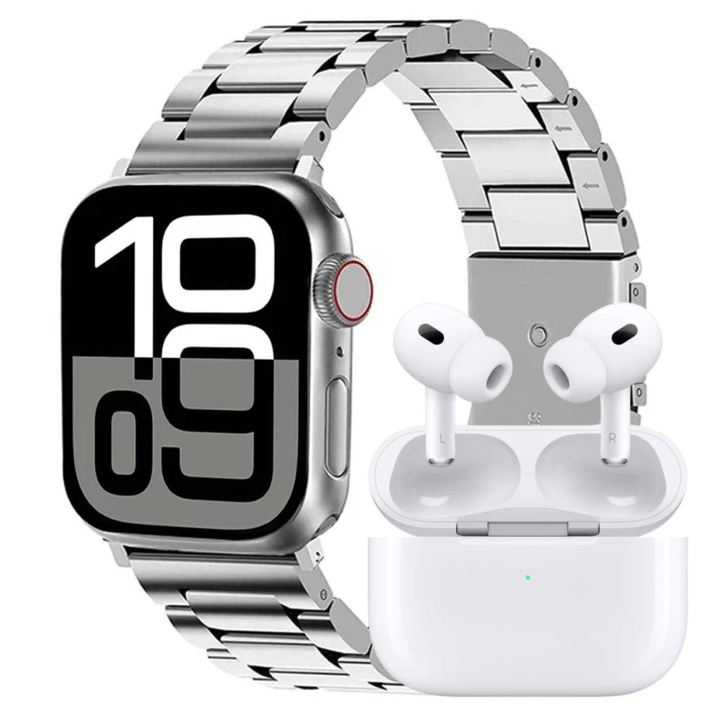 ساعت هوشمند ورنا مدل W46 Max مجموعه هفت بندی به همراه هندزفری ایرپاد پرو-بدنه نقره ای بند نقره ای  ساعت هوشمند ورنا مدل W46 Max مجموعه هفت بندی به همراه هندزفری ایرپاد پرو-بدنه نقره ای بند نقره ای