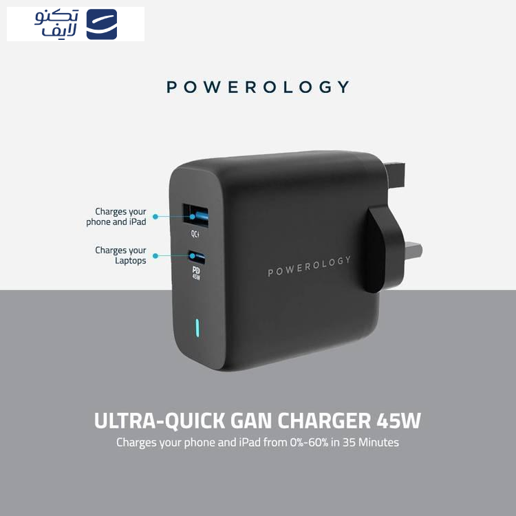 شارژر دیواری 45 وات پاورولوجی مدل PWCUQC004 GaN 45W شارژر دیواری 45 وات پاورولوجی مدل PWCUQC004 GaN 45W