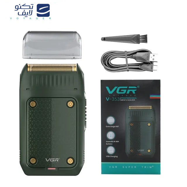 ماشین اصلاح موی صورت وی جی ار مدل V-353، اصلاح به صورت صفر زن، منبع انرژی باتری، تکنولوژی اصلاح به صورت فویلی، به همراه برس تمیزکننده، کابل شارژ و درپوش محافظ