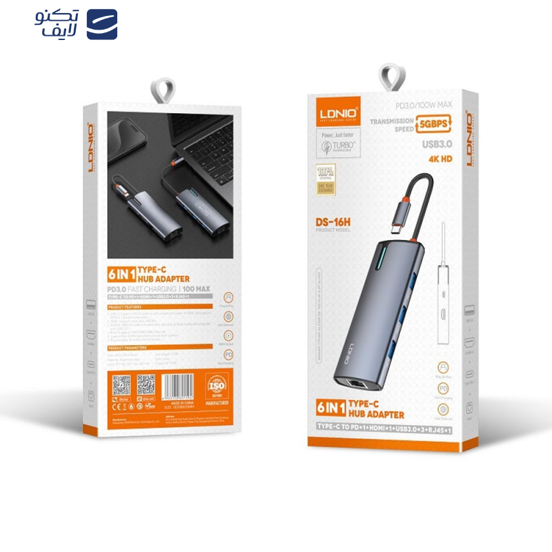 هاب 6 کاره USB-C الدینیو مدل DS-16H هاب 6 کاره USB-C الدینیو مدل DS-16H