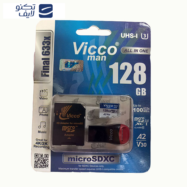 کارت حافظه micro SDXC ویکومن مدل 633X Plus کلاس 10 استاندارد UHS-I U3 سرعت 90MBS ظرفیت 128 گیگابایت به همراه کارت خوان کارت حافظه micro SDXC ویکومن مدل 633X Plus کلاس 10 استاندارد UHS-I U3 سرعت 90MBS ظرفیت 128 گیگابایت به همراه کارت خوان
