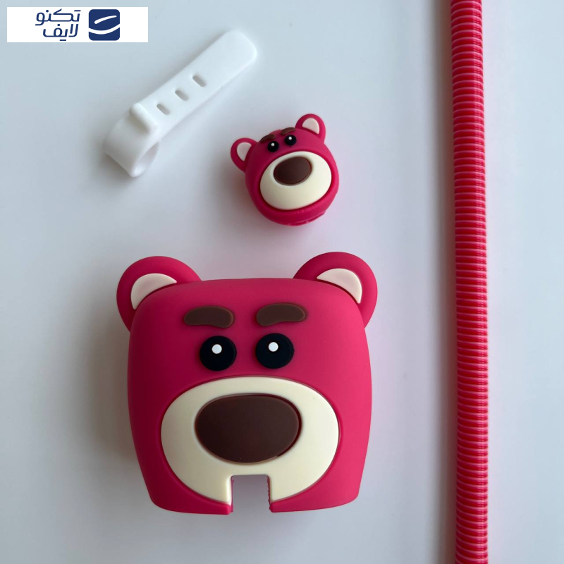 محافظ کابل طرح فانتزی مدل تدی صورتی به همراه محافظ شارژر دیواری مجموعه 4 عددی