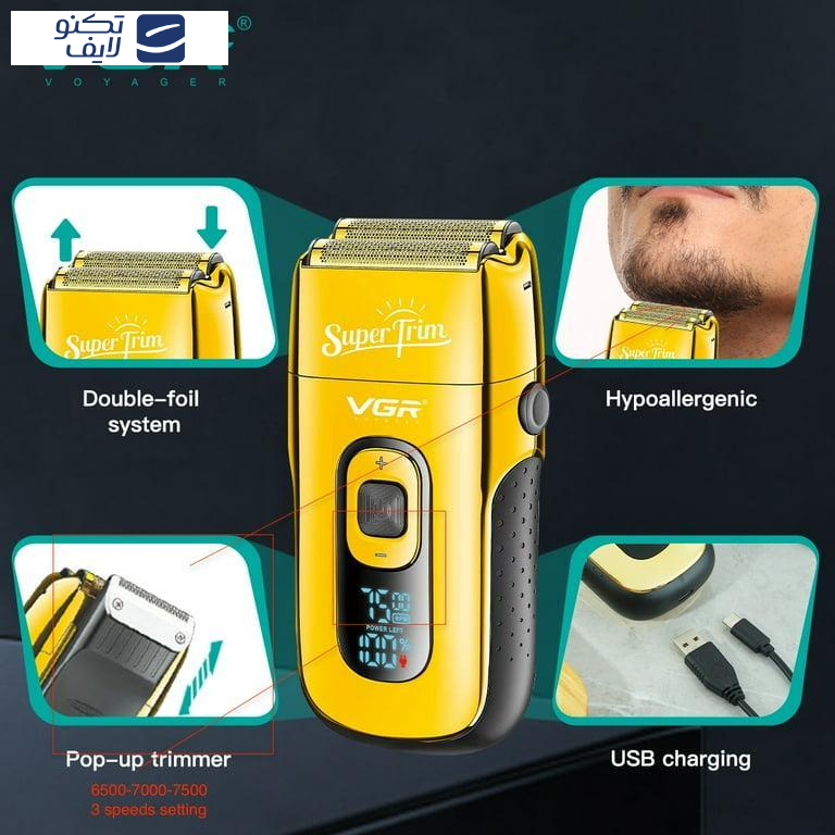 ماشین اصلاح موی صورت وی جی ار مدل V_332، اصلاح به صورت فویلی، صفر زن، منبع انرژی باتری قابل شارژ، تکنولوژی اصلاح به صورت برش چرخشی، به همراه برس تمیزکننده، جنس تیغه از استیل ضد زنگ ماشین اصلاح موی صورت وی جی ار مدل V_332، اصلاح به صورت فویلی، صفر زن، منبع انرژی باتری قابل شارژ، تکنولوژی اصلاح به صورت برش چرخشی، به همراه برس تمیزکننده، جنس تیغه از استیل ضد زنگ