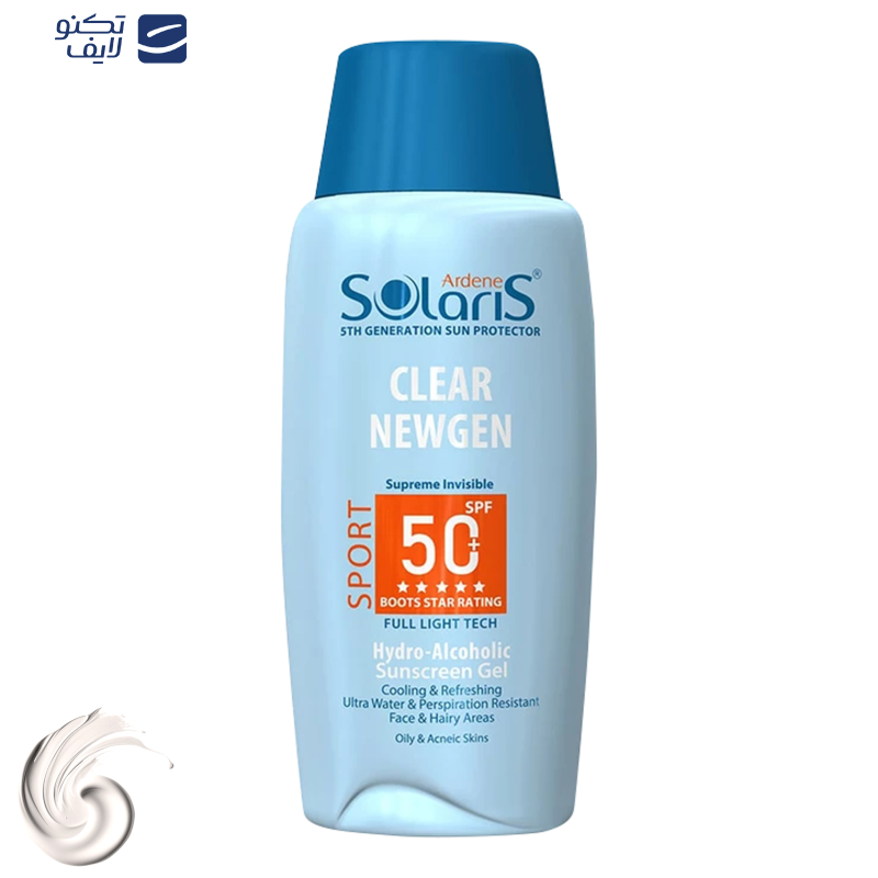 ژل ضدآفتاب بیرنگ آردن سولاریس SPF50 مدل Clear Newgen، مناسب پوستهای چرب، حجم 100 میلیلیتر ژل ضدآفتاب بیرنگ آردن سولاریس SPF50 مدل Clear Newgen، مناسب پوستهای چرب، حجم 100 میلیلیتر
