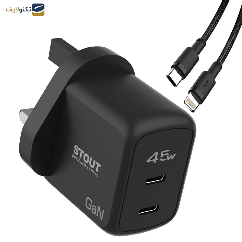 شارژر دیواری 45 وات پاوا مدل Stout Gan Travel Charge به همراه کابل USB-C به لایتنینگ  شارژر دیواری 45 وات پاوا مدل Stout Gan Travel Charge به همراه کابل USB-C به لایتنینگ