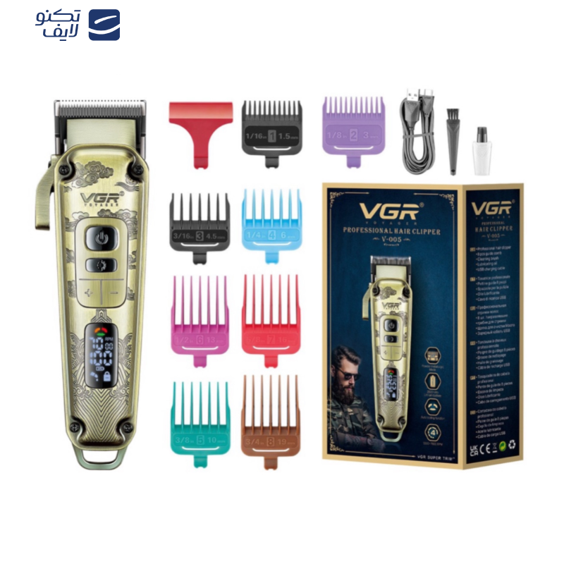 ماشین اصلاح موی سر و صورت وی جی ار مدل V-005، اصلاح به صورت ، منبع انرژی با کابل USB، تکنولوژی اصلاح به صورت برش مستقیم، مدت زمان شارژ 230 دقیقه و مدت زمان استفاده پس از شارژ 250 دقیقه، به همراه برس تمیزکننده، 8 عدد شانه، روغن، با قابلیت تنظیم سرعت ماشین اصلاح موی سر و صورت وی جی ار مدل V-005، اصلاح به صورت ، منبع انرژی با کابل USB، تکنولوژی اصلاح به صورت برش مستقیم، مدت زمان شارژ 230 دقیقه و مدت زمان استفاده پس از شارژ 250 دقیقه، به همراه برس تمیزکننده، 8 عدد شانه، روغن، با قابلیت تنظیم سرعت