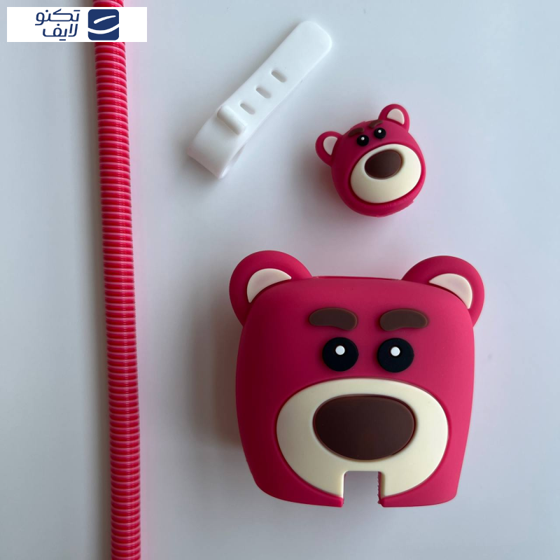 محافظ کابل طرح فانتزی مدل تدی صورتی به همراه محافظ شارژر دیواری مجموعه 4 عددی