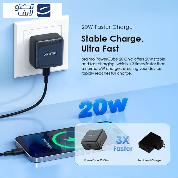 شارژر دیواری  20 وات اورایمو مدل GaN به همراه کابل USB-C شارژر دیواری  20 وات اورایمو مدل GaN به همراه کابل USB-C