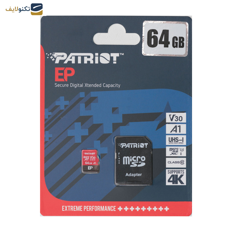 کارت حافظه microSDXC پتریوت مدل EP کلاس 10 استاندارد UHS-I U3-V30 سرعت 90MBpsظرفیت 64 گیگابایت به همراه آداپتورSD کارت حافظه microSDXC پتریوت مدل EP کلاس 10 استاندارد UHS-I U3-V30 سرعت 90MBpsظرفیت 64 گیگابایت به همراه آداپتورSD