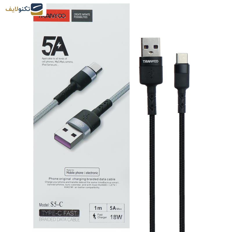کابل تبدیل USB به USB-C ترانیو مدل S5-C طول 1 متر کابل تبدیل USB به USB-C ترانیو مدل S5-C طول 1 متر