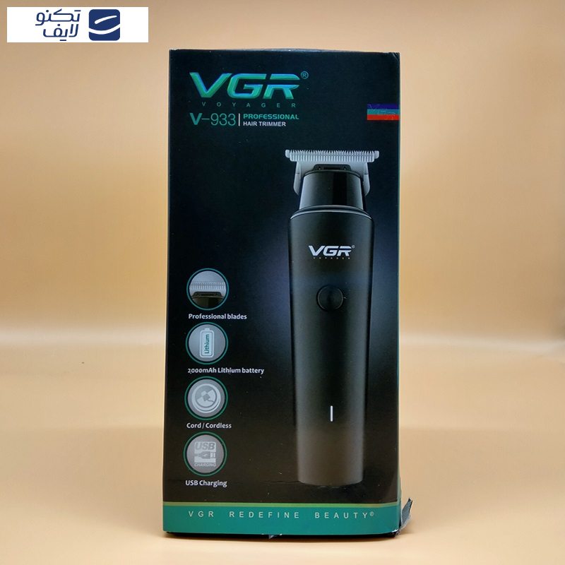 ماشین اصلاح موی سر و صورت وی جی ار مدل V-933، اصلاح به صورت خط زن، حجم زن، استفاده خشک و مرطوب، منبع انرژی باتری قابل شارژ، تکنولوژی اصلاح به صورت برش مستقیم، اندازه اصلاح 0.5 تا 2 میلی‌متر