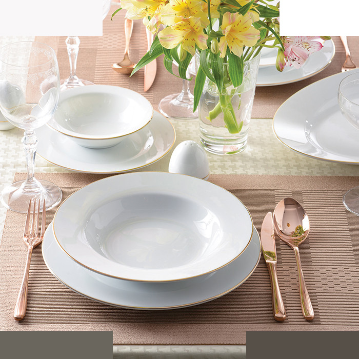 سرویس غذاخوری 28 پارچه 6 نفر چینی زرین ایران مدل ایتالیا اف زرین یک خط طلا درجه یک