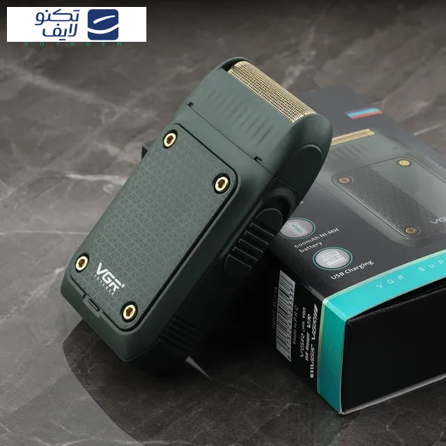 ماشین اصلاح موی صورت وی جی ار مدل V-353، اصلاح به صورت صفر زن، منبع انرژی باتری، تکنولوژی اصلاح به صورت فویلی، به همراه برس تمیزکننده، کابل شارژ و درپوش محافظ