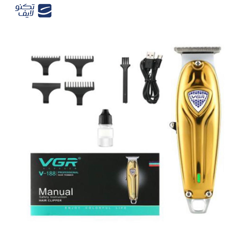 ماشین اصلاح موی صورت و بدن وی جی ار مدل V-188، منبع انرژی با کابل USB، تکنولوژی اصلاح به صورت برش مستقیم، اندازه اصلاح 0.2 تا 12 میلیمتر، مدت زمان شارژ 150 دقیقه و مدت زمان استفاده پس از شارژ 240 دقیقه، به همراه برس تمیزکننده، روغن و 4 عدد شانه ماشین اصلاح موی صورت و بدن وی جی ار مدل V-188، منبع انرژی با کابل USB، تکنولوژی اصلاح به صورت برش مستقیم، اندازه اصلاح 0.2 تا 12 میلیمتر، مدت زمان شارژ 150 دقیقه و مدت زمان استفاده پس از شارژ 240 دقیقه، به همراه برس تمیزکننده، روغن و 4 عدد شانه