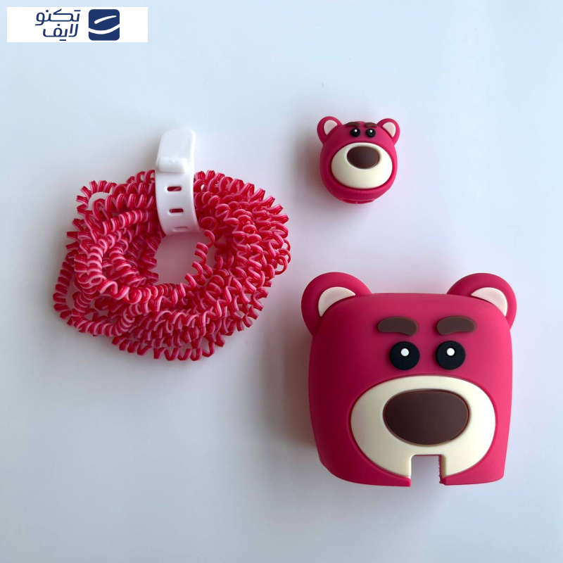 محافظ کابل طرح فانتزی مدل تدی صورتی به همراه محافظ شارژر دیواری مجموعه 4 عددی