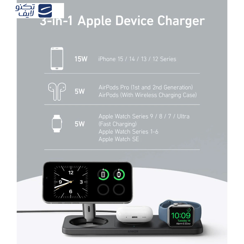 شارژر رومیزی انکر مدل MagGo Wireless Charging به همراه شارژر دیواری 40 وات انکر و کابل USB-C به طول 1.5 متر شارژر رومیزی انکر مدل MagGo Wireless Charging به همراه شارژر دیواری 40 وات انکر و کابل USB-C به طول 1.5 متر