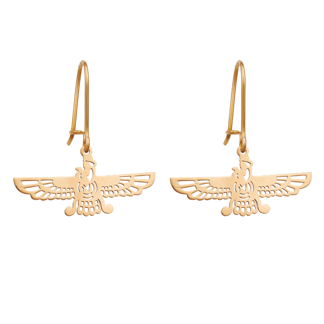 گوشواره طلا 18 عیار زنانه قو طلایی طرح فروهر گوشواره فروهر طلا 18 عیار