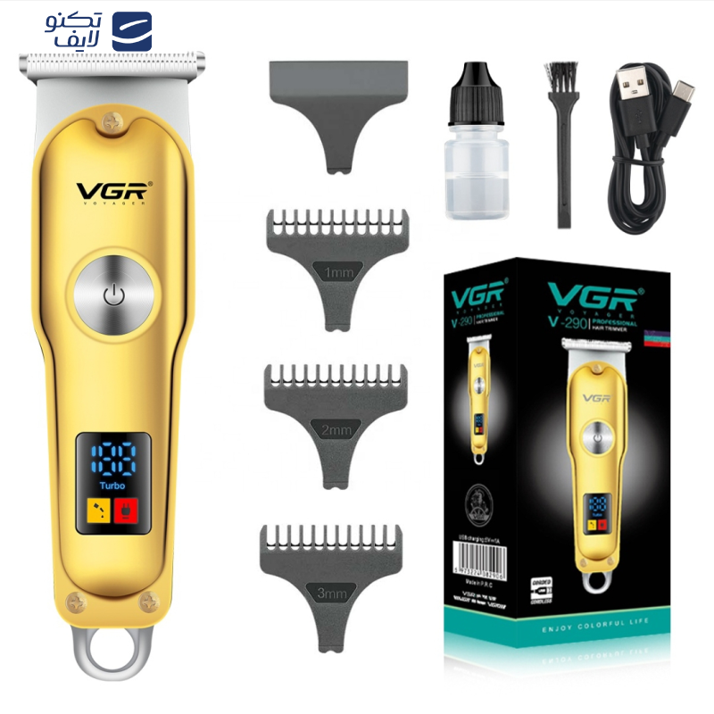 ماشین اصلاح موی سر و صورت وی جی ار مدل V-290، تکنولوژی اصلاح به صورت برش مستقیم، اندازه اصلاح 0.2 میلیمتر، به همراه 3 شانه، کابل USB و برس تمیز کننده ماشین اصلاح موی سر و صورت وی جی ار مدل V-290، تکنولوژی اصلاح به صورت برش مستقیم، اندازه اصلاح 0.2 میلیمتر، به همراه 3 شانه، کابل USB و برس تمیز کننده