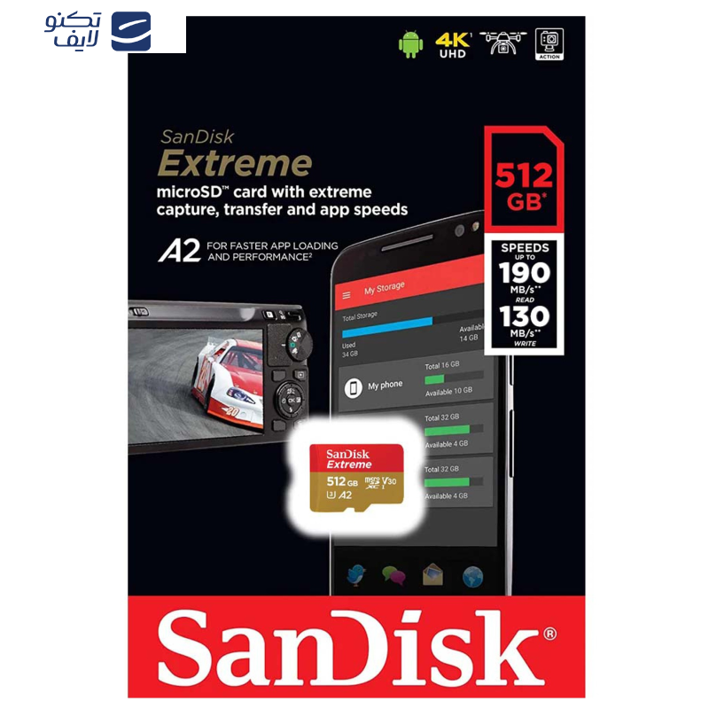 کارت حافظه microSDXC سن دیسک مدل Extreme کلاس A2 استاندارد UHS-I U3 سرعت 190MBps ظرفیت 512 گیگابایت کارت حافظه microSDXC سن دیسک مدل Extreme کلاس A2 استاندارد UHS-I U3 سرعت 190MBps ظرفیت 512 گیگابایت