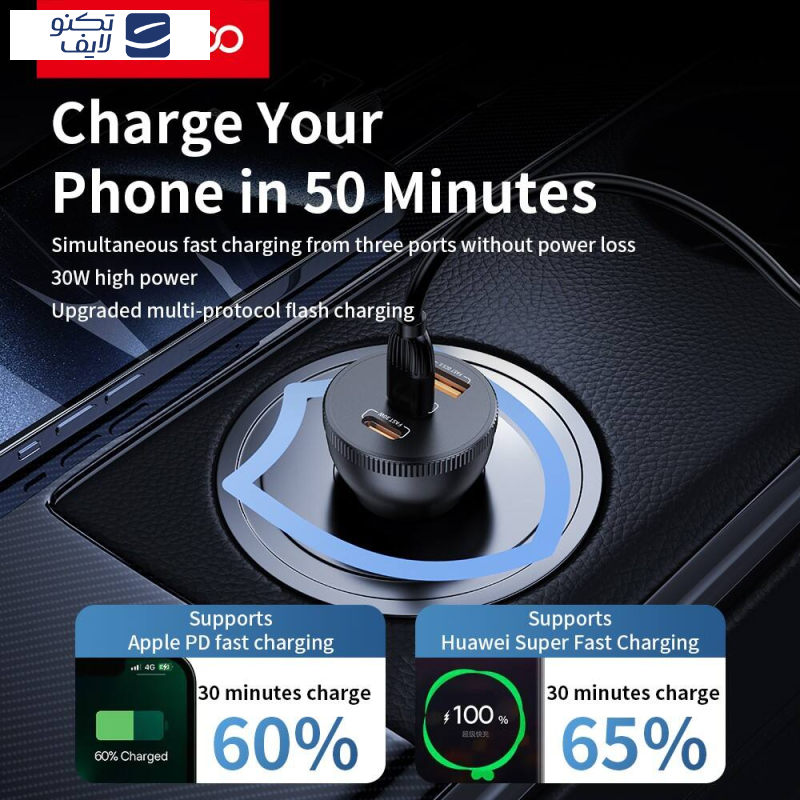 شارژر فندکی 78 وات ترانیو مدل T-C25 به همراه کابل USB-C شارژر فندکی 78 وات ترانیو مدل T-C25 به همراه کابل USB-C