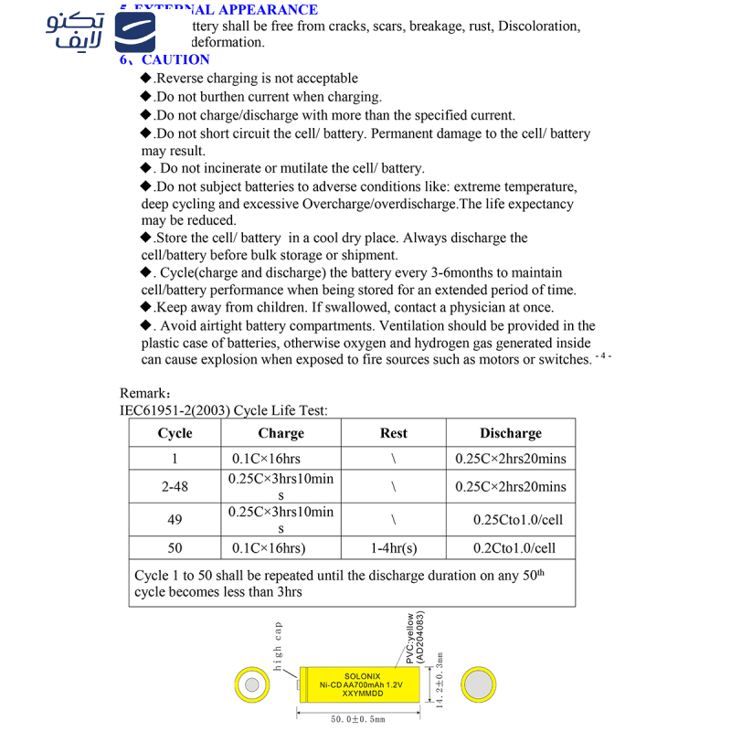 باتری شارژی قلمی سولونیکس مدل صنعتی Ni-Cd مجموعه 2 عددی  باتری شارژی قلمی سولونیکس مدل صنعتی Ni-Cd مجموعه 2 عددی