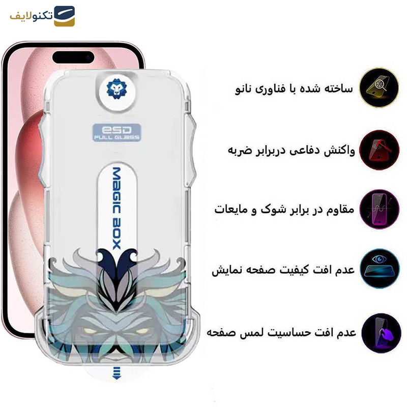 محافظ صفحه نمایش اپیکوی مدل Lion ESD Easy Install مناسب برای گوشی موبایل اپل iPhone 15 به همراه کیت نصب