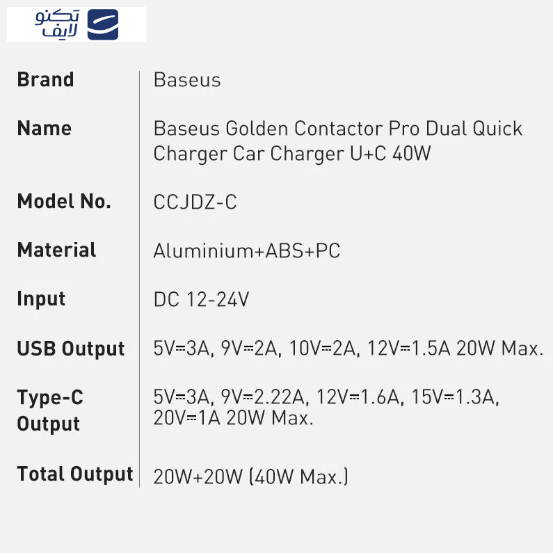 شارژر فندکی باسئوس مدل CCJDZ-C 40W شارژر فندکی باسئوس مدل CCJDZ-C 40W