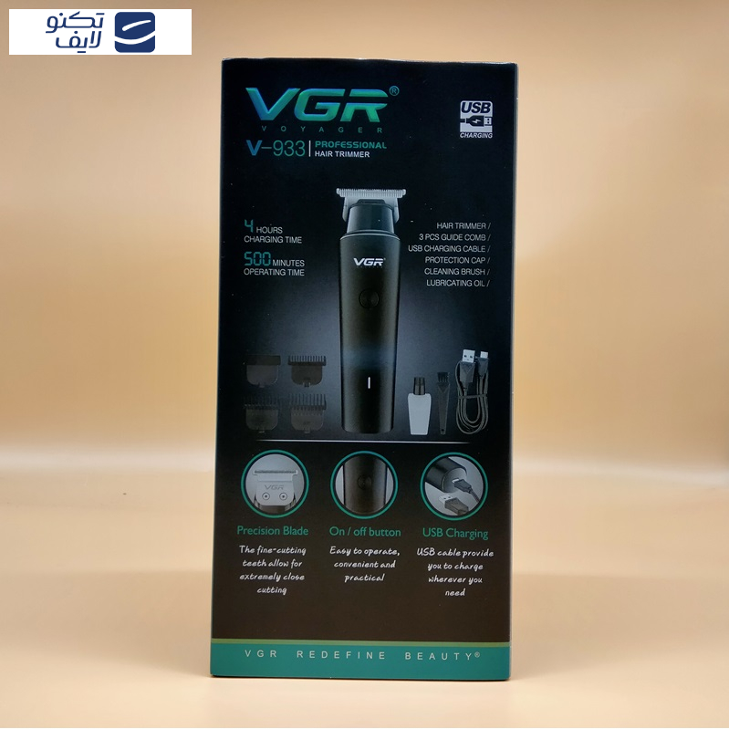 ماشین اصلاح موی سر و صورت وی جی ار مدل V-933، اصلاح به صورت خط زن، حجم زن، استفاده خشک و مرطوب، منبع انرژی باتری قابل شارژ، تکنولوژی اصلاح به صورت برش مستقیم، اندازه اصلاح 0.5 تا 2 میلی‌متر