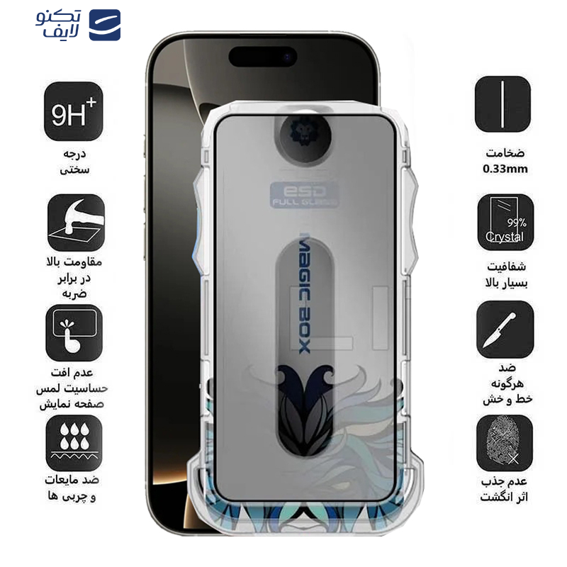 محافظ صفحه نمایش حریم شخصی اپیکوی مدل Lion Privacy Easy Install مناسب برای گوشی موبایل اپل iPhone 16 Pro  به همراه کیت نصب محافظ صفحه نمایش حریم شخصی اپیکوی مدل Lion Privacy Easy Install مناسب برای گوشی موبایل اپل iPhone 16 Pro  به همراه کیت نصب