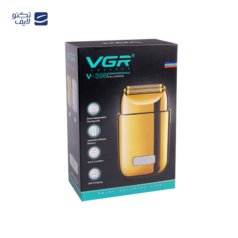 ماشین اصلاح موی صورت وی جی ار مدل V 398، اصلاح به صورت صفر زن، منبع انرژی باتری، تکنولوژی اصلاح به صورت فویلی، مدت زمان شارژ 120 دقیقه و مدت زمان استفاده پس از شارژ 120 دقیقه، به همراه کیف نگهداری، برس تمیزکننده، قابل استفاده به صورت با سیم و بی سیم