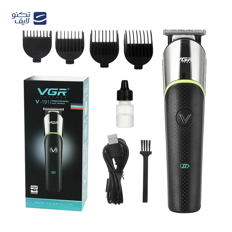 ماشین اصلاح موی صورت وی جی ار مدل 306، اصلاح به صورت صفر زن، استفاده به صورت خشک و مرطوب، منبع انرژی باتری، تکنولوژی اصلاح به صورت برش چرخشی، مدت زمان شارژ 90 دقیقه و مدت زمان استفاده پس از شارژ 90 دقیقه، به همراه برس تمیزکننده، ضد آب