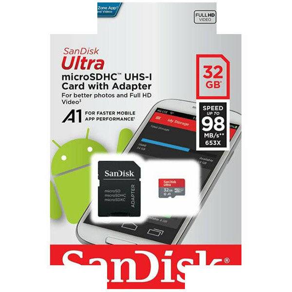 کارت حافظه microSDHC سن دیسک مدل Ultra A1 کلاس 10 استاندارد UHS-I سرعت 98MBps ظرفیت 32 گیگابایت به همراه آدابتور sd کارت حافظه microSDHC سن دیسک مدل Ultra A1 کلاس 10 استاندارد UHS-I سرعت 98MBps ظرفیت 32 گیگابایت به همراه آدابتور sd
