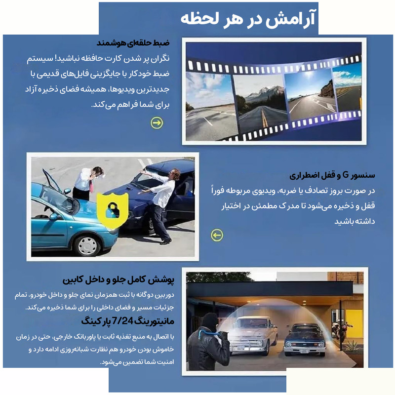 دوربین ثبت وقایع خودرو مدل 4 لنز کد S22-WiFi به همراه دوربین عقب دوربین ثبت وقایع خودرو مدل 4 لنز کد S22-WiFi به همراه دوربین عقب