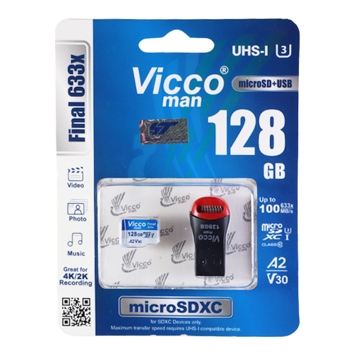 کارت حافظه microSDXC ویکومن مدل Final 633x کلاس 10 استاندارد UHS-I U3 A2 V30 سرعت 100MBs ظرفیت 128 گیگابایت به همراه مبدل میکرو به USB کارت حافظه microSDXC ویکومن مدل Final 633x کلاس 10 استاندارد UHS-I U3 A2 V30 سرعت 100MBs ظرفیت 128 گیگابایت به همراه مبدل میکرو به USB